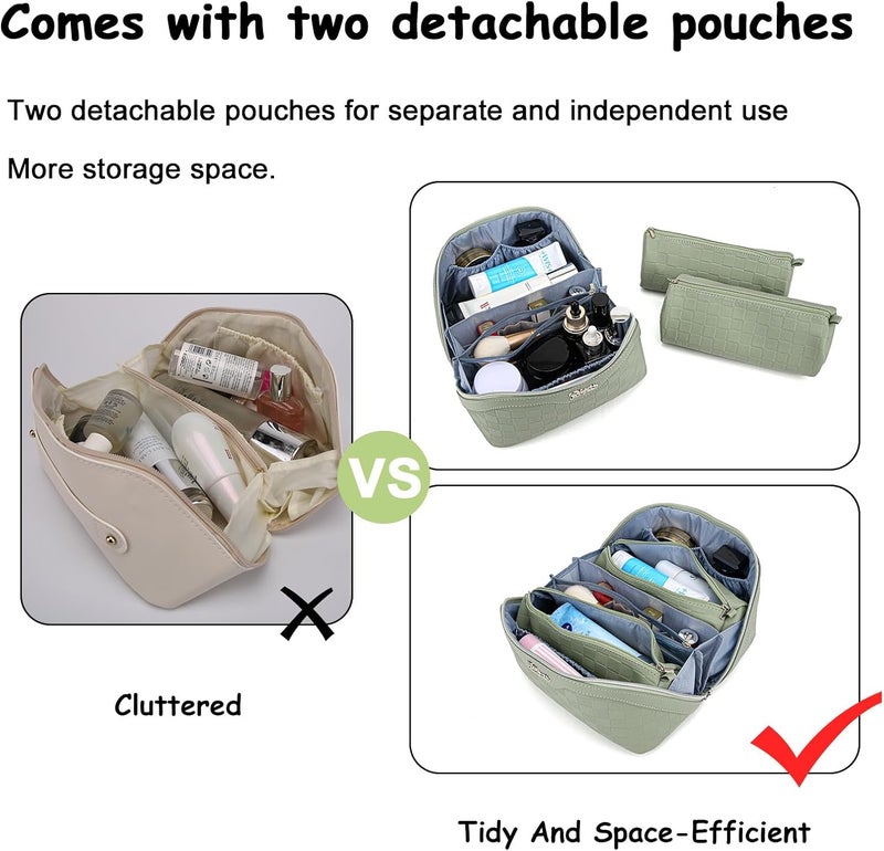 BOYATU Travel Makeup Bag Organizer Cosmetic Bag: 3 Pcs Set Make up Bags for Women with Handle - Waterproof Vegan Leather Toiletry Bags Travel Essentials Pouch with Compartments (01-D-Green) - Image 3